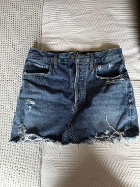 Agolde Distressed Dark Blue Denim Mini Skirt with Frayed Hem
